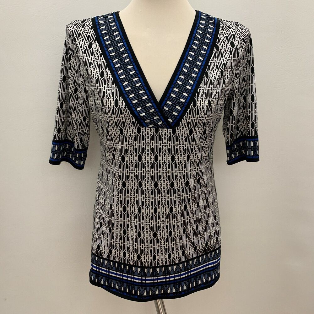 Max Studio Women's Top Small Blue White Black Multi-color V-neck